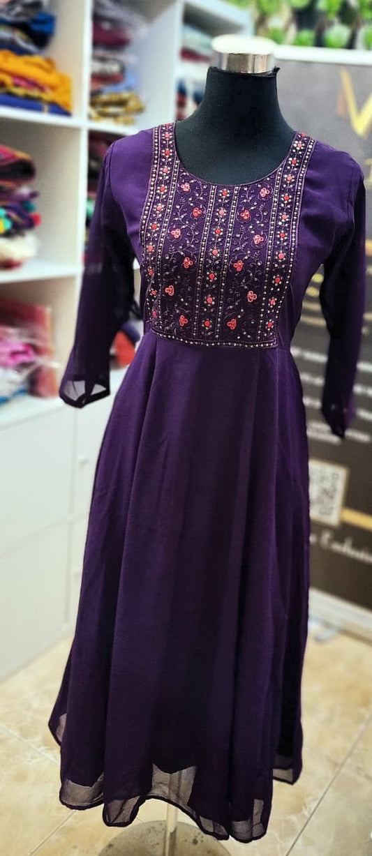 45AUG25.Georgette Frock with thread work and sequence work on the Yoke.