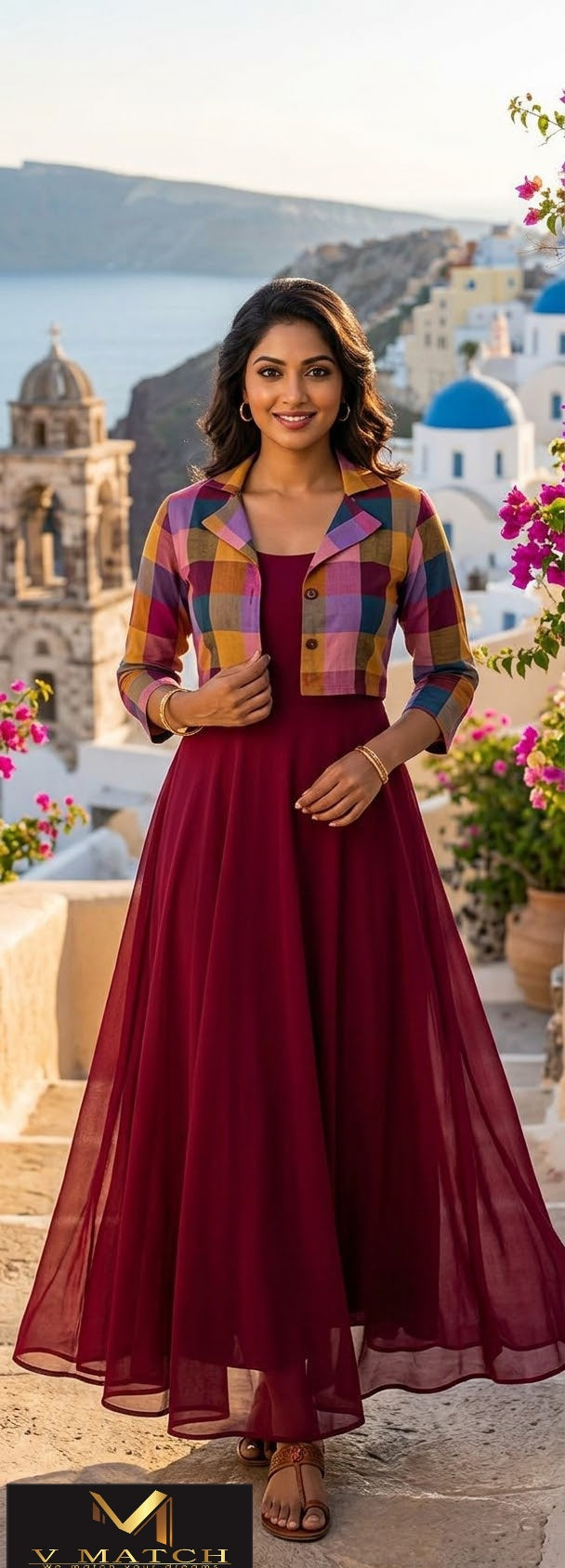 10268. Georgette A-line Full Length Top with Madras checks Jacket
