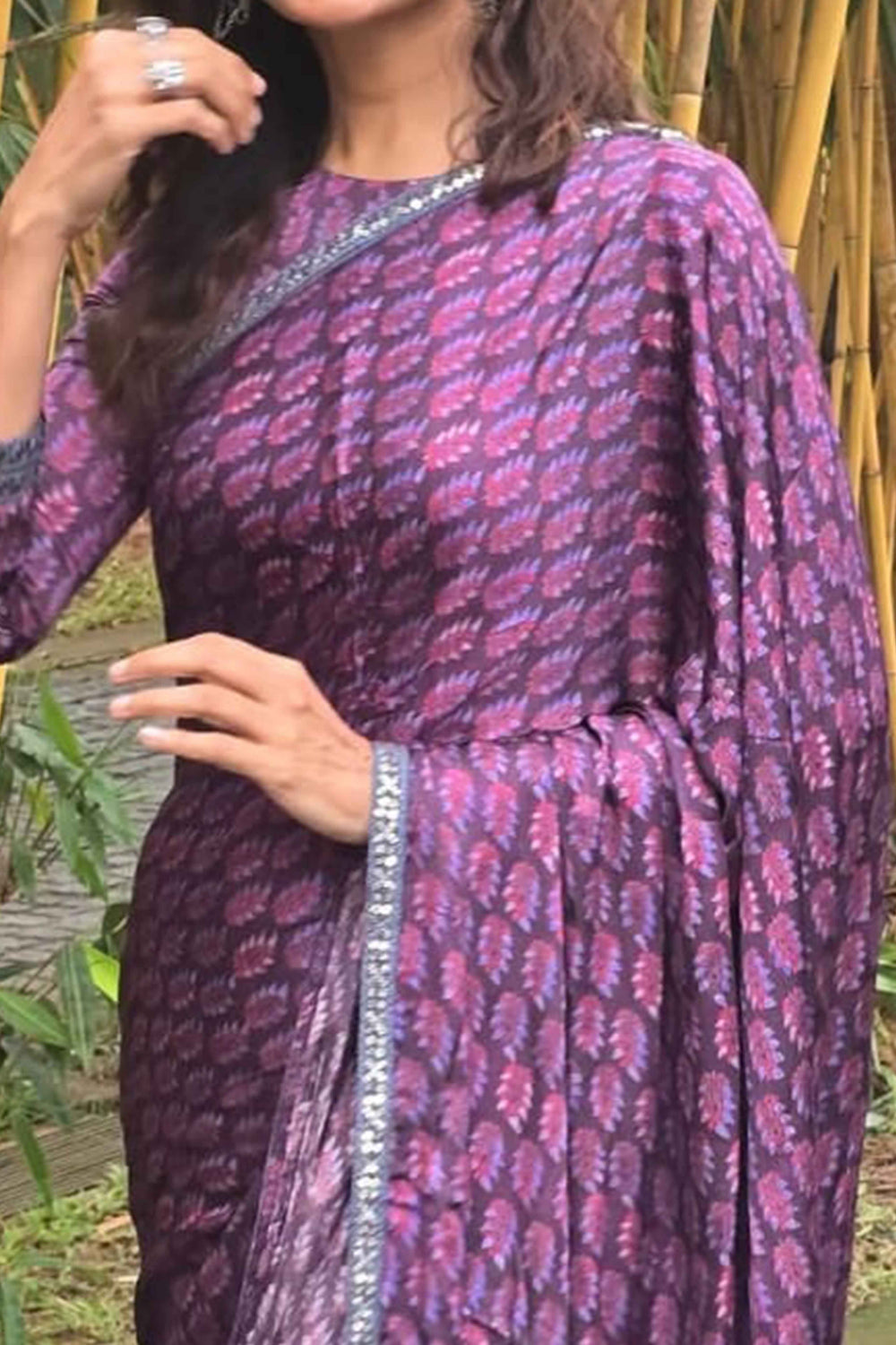 7SEP25.Floral Printed Purple Crepe Silk Saree with Delicate Sequins Border