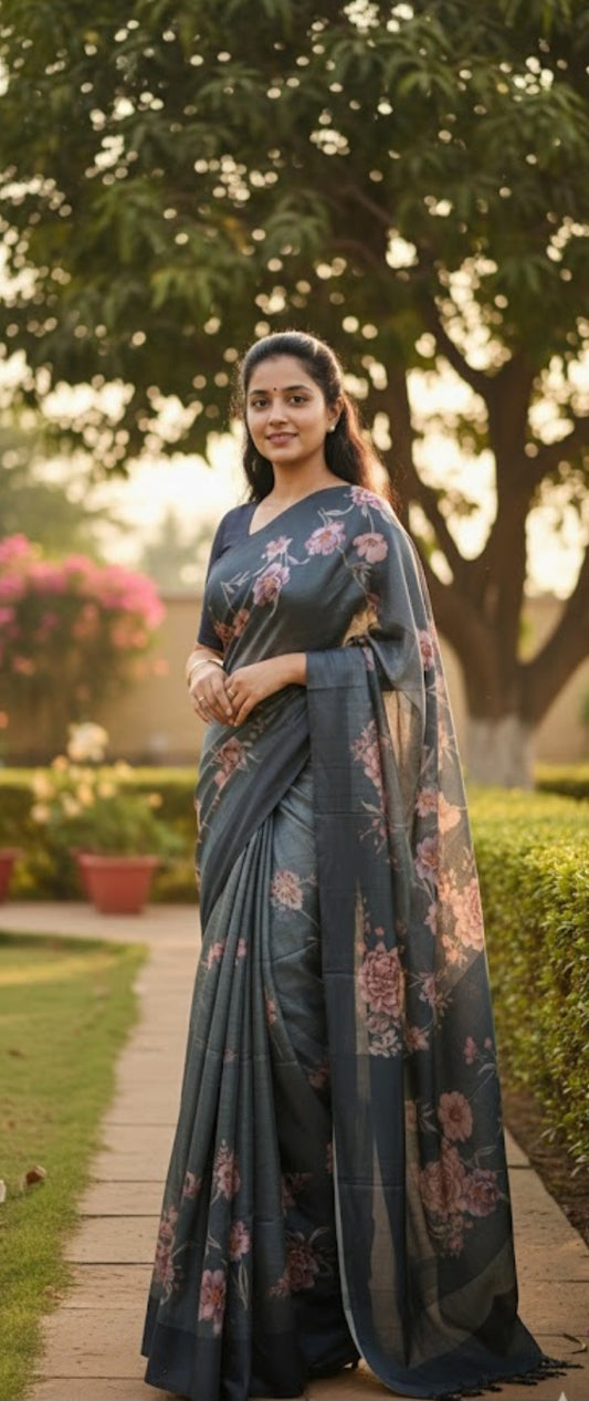 44SEP25. Floral Crepe Silk Saree.