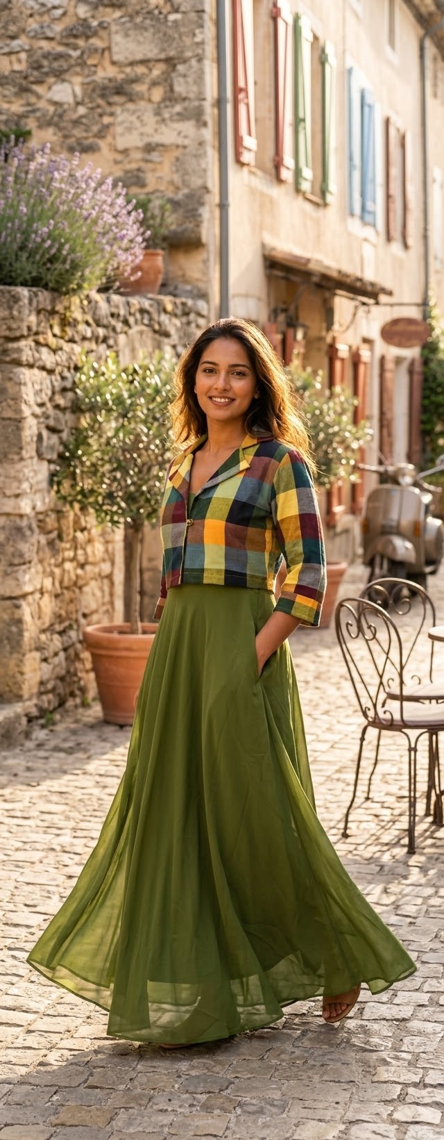 10267. Georgette Full Length Top with Madras checks Jacket.