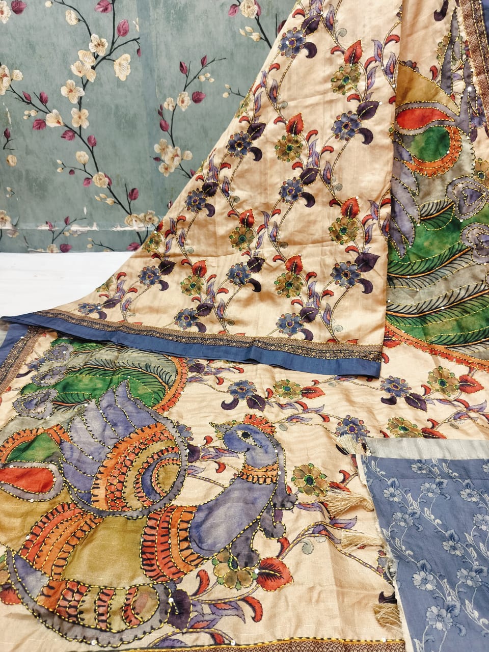 21AUG25.Beautiful HAND KATHA WEAVING Manikpuri kalamkari silk attached BP