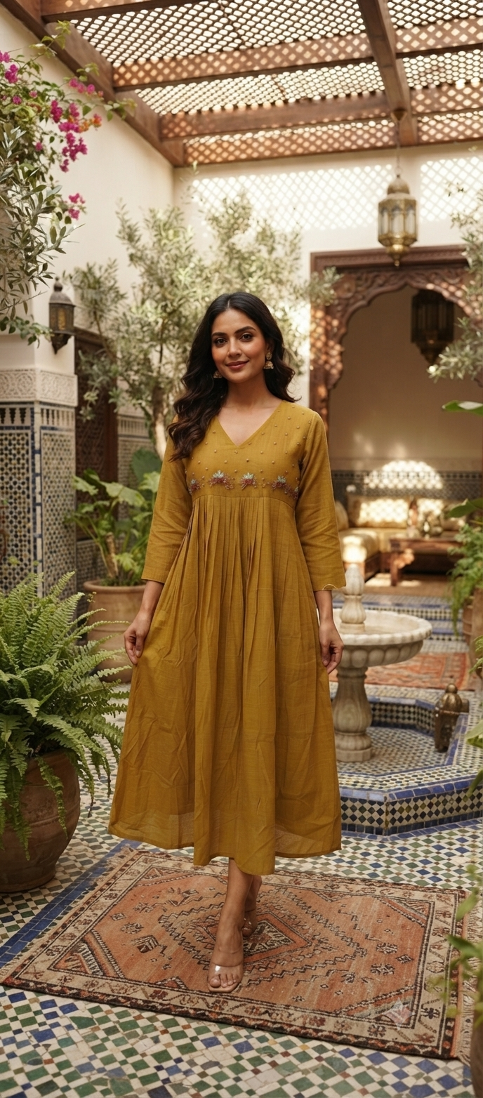 51326. Mul-Chanderi Pleated A-Line Top