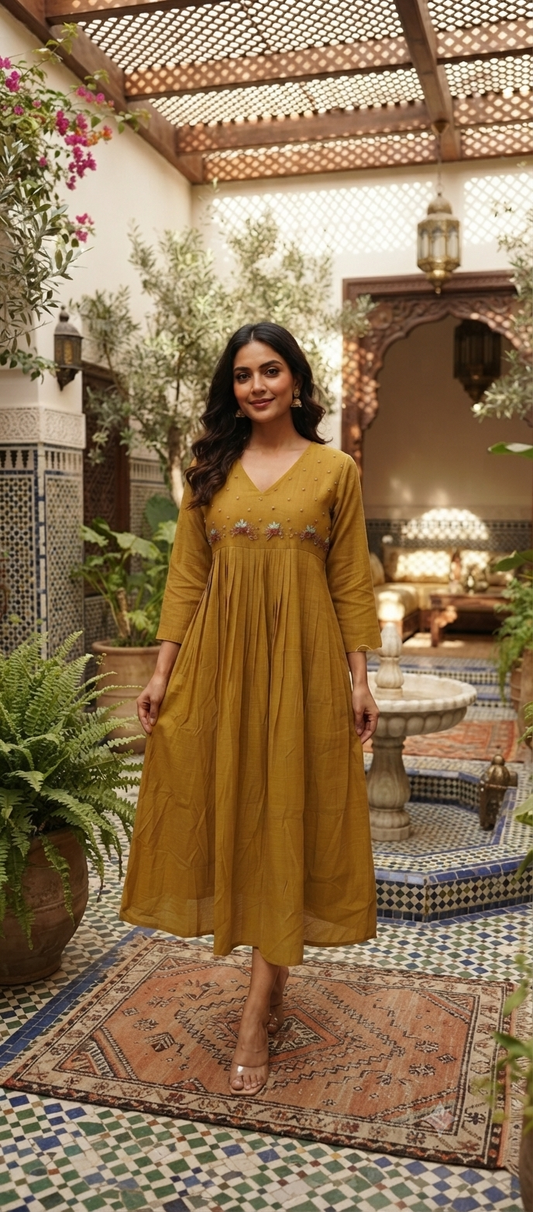 51326. Mul-Chanderi Pleated A-Line Top