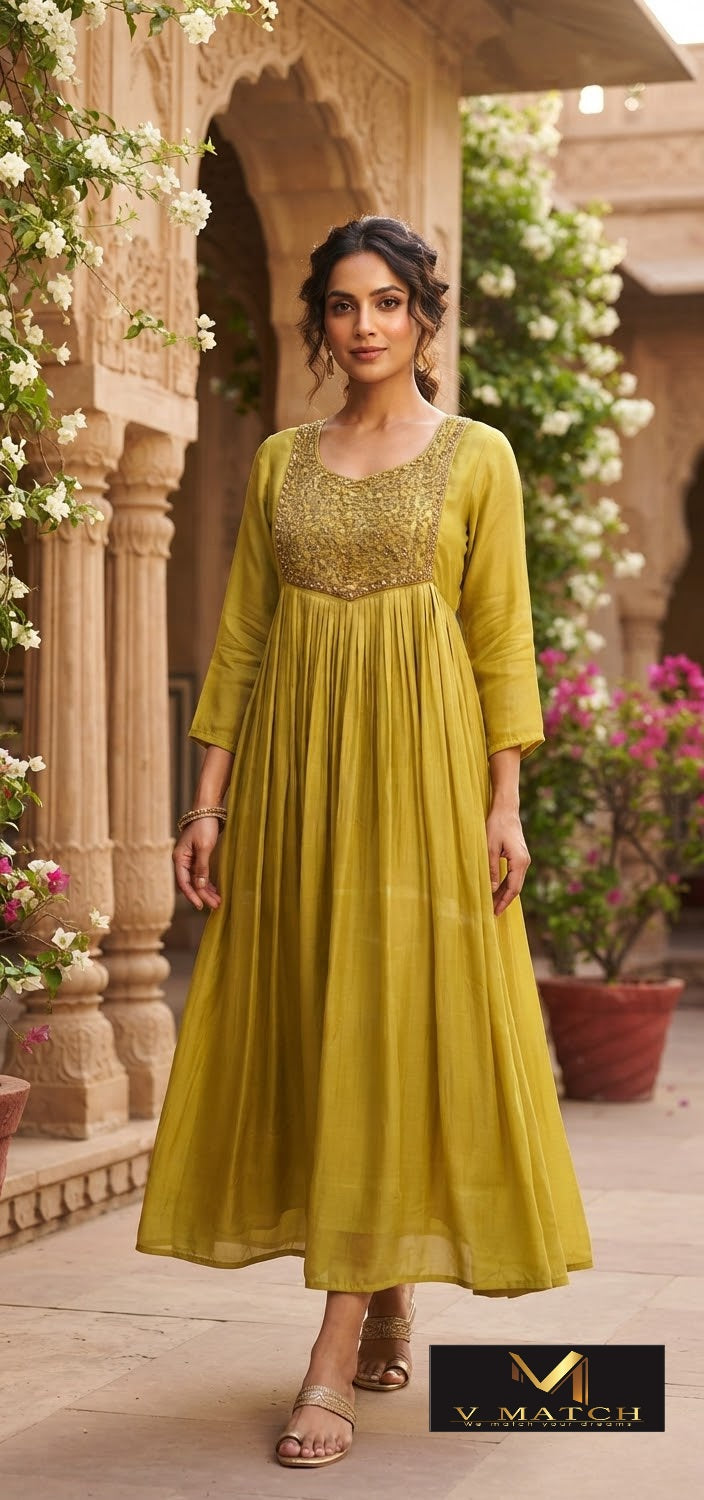 75726. Mul-Chanderi Pleated A-Line Top.