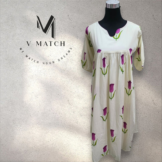 7726.Tulip Print Pleated Cotton A Line Top.