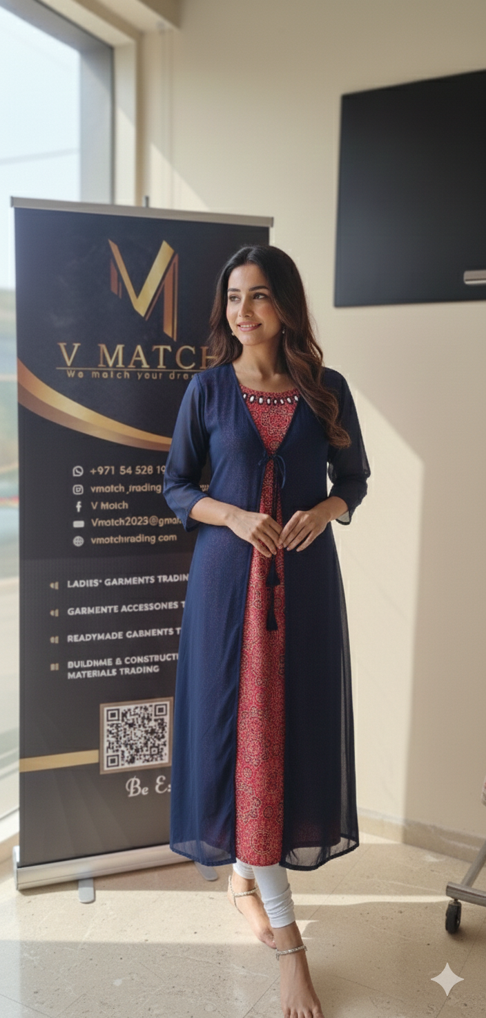 Code 01NOV24.

Beautiful Cotton Inner with Mirror work on the Neckline and Separate Georgette Jacket!!!