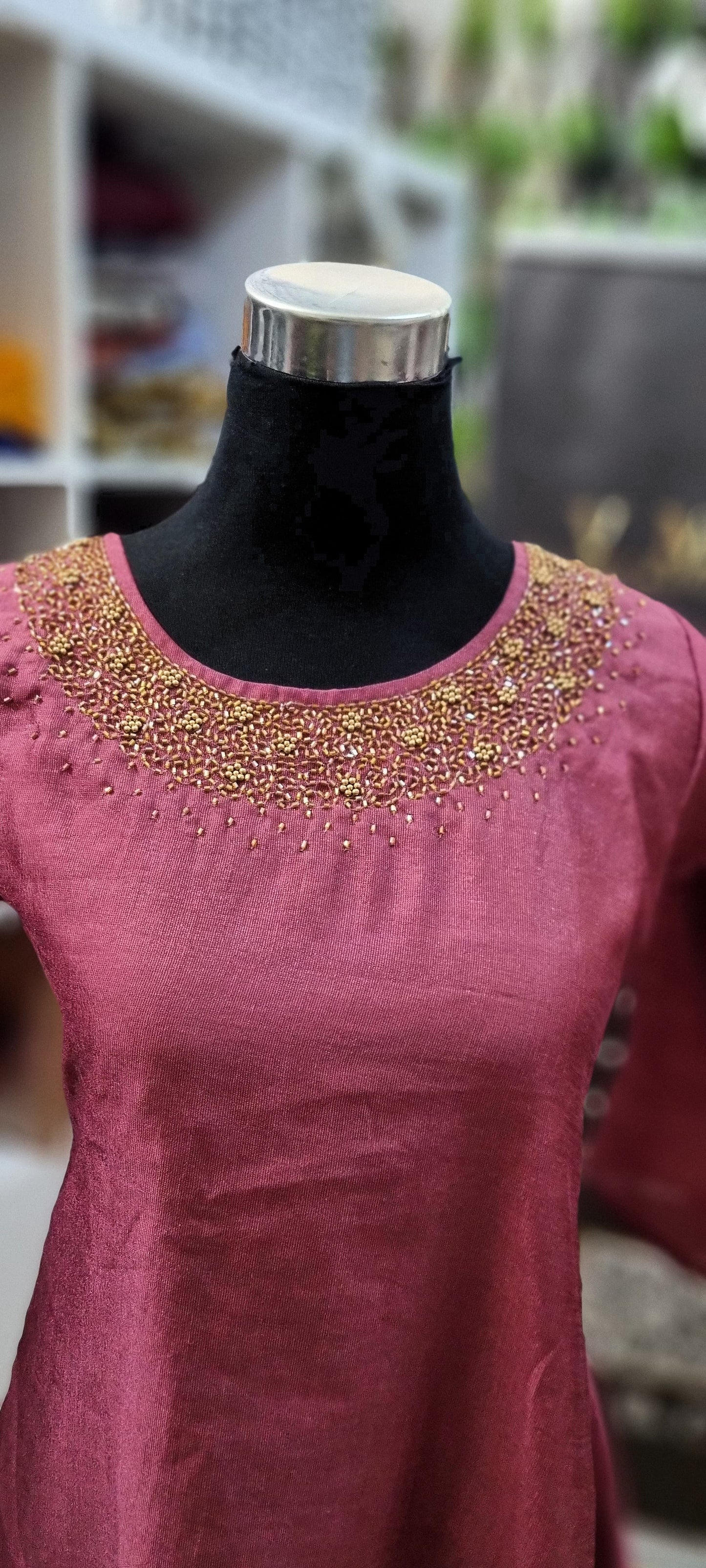 29AUG25.Tissue Silk A-line  top with Heavy Beads work on the Neckline