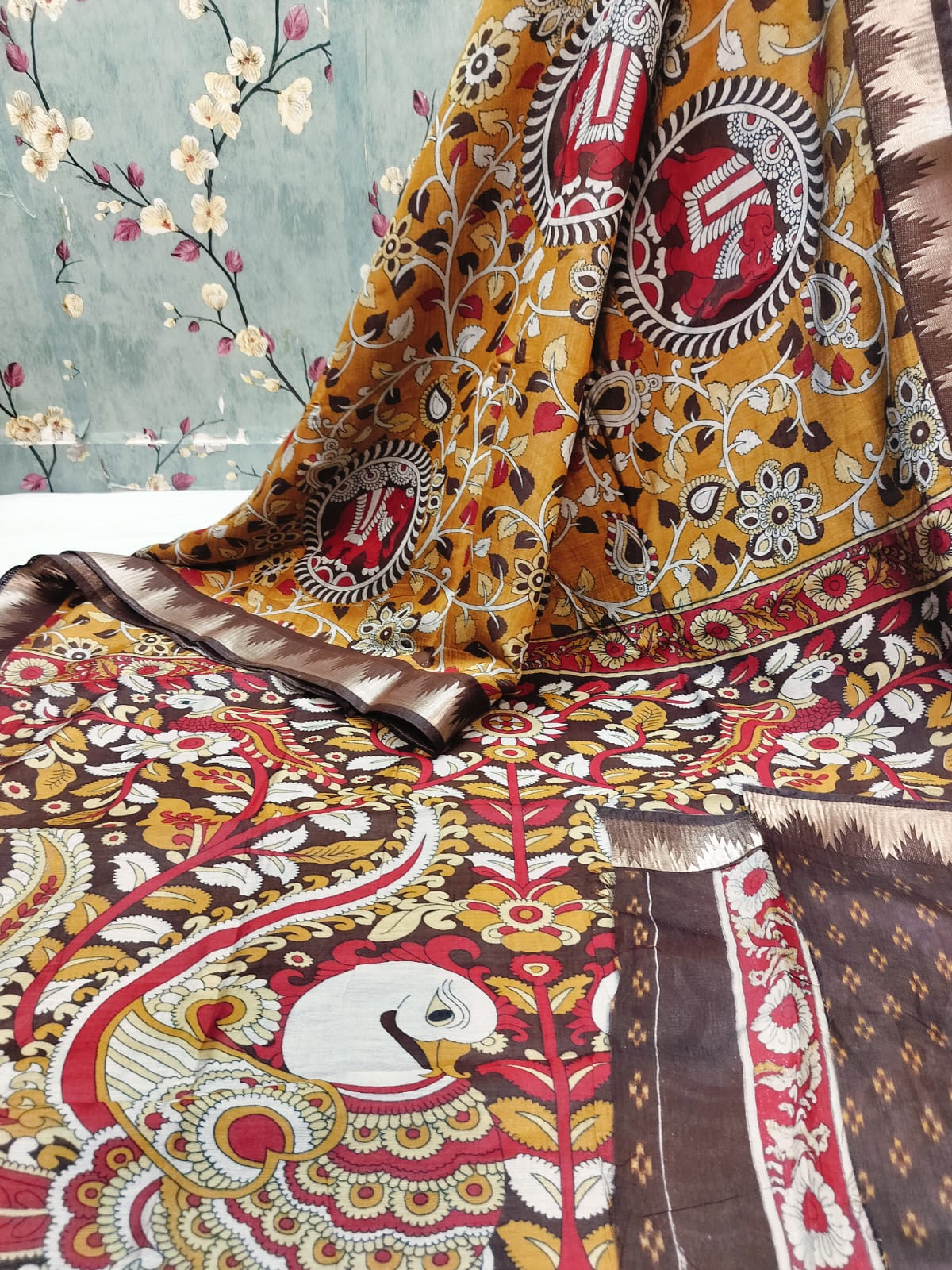 22AUG25.Exclusive Mangalore Kalamkari Print Viscose Temple design border saree with attached BP