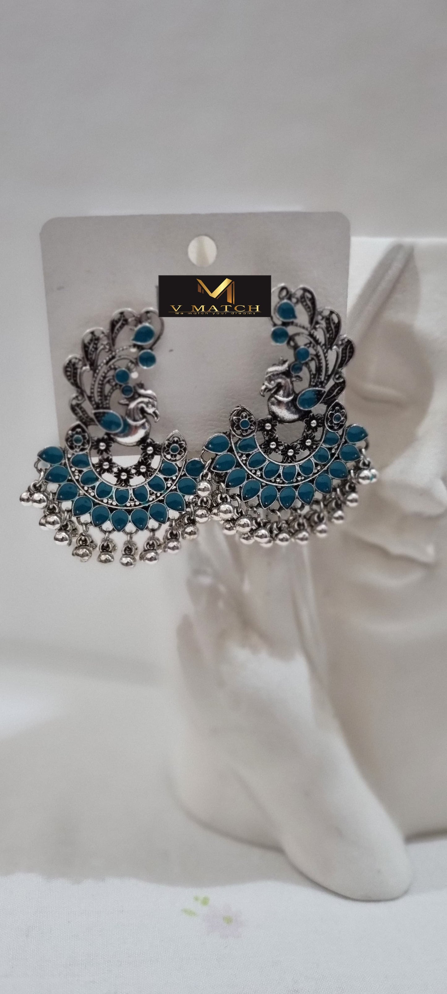 AC 8ER25. Silver Plated Peacock Designed Enamel Artwork With Beads Fashion Antique Earring.