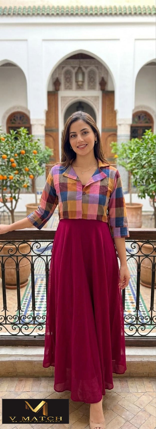 10268. Georgette A-line Full Length Top with Madras checks Jacket