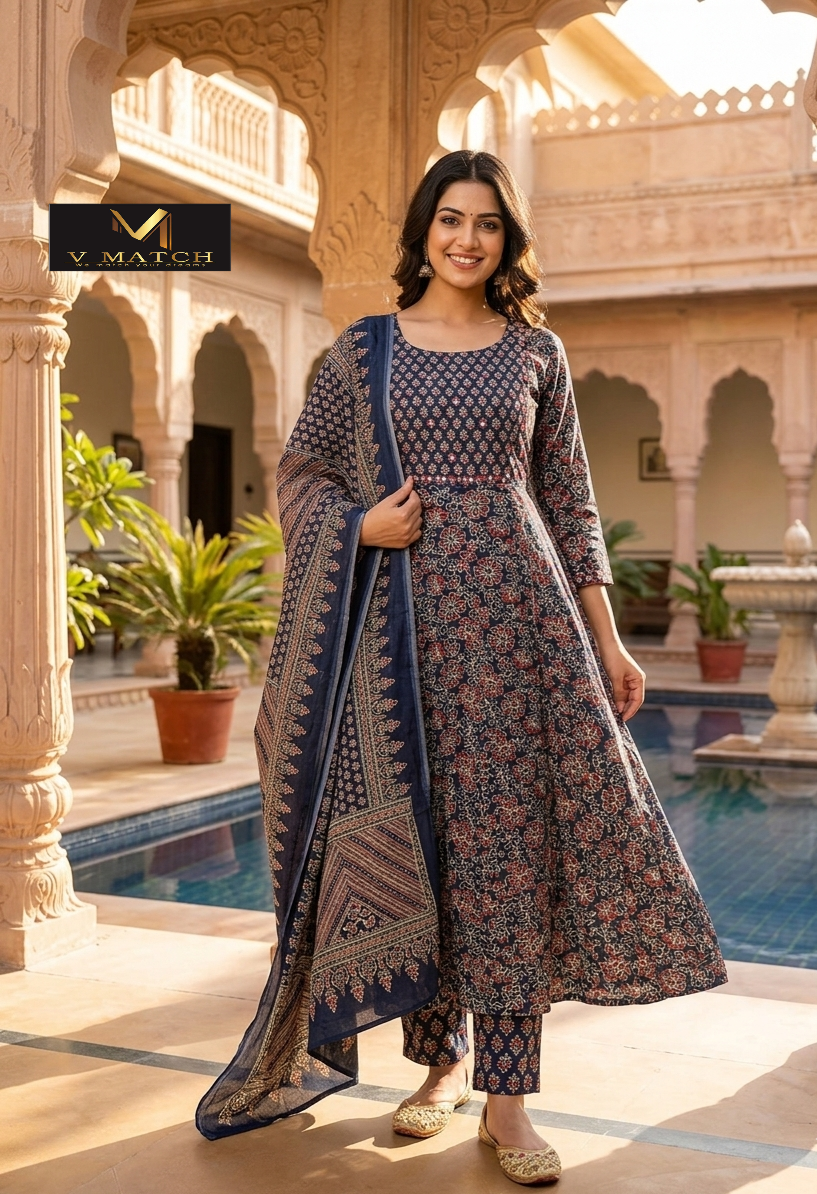 36226. Cotton Ajrakh Panel Cut 3 Piece Set.