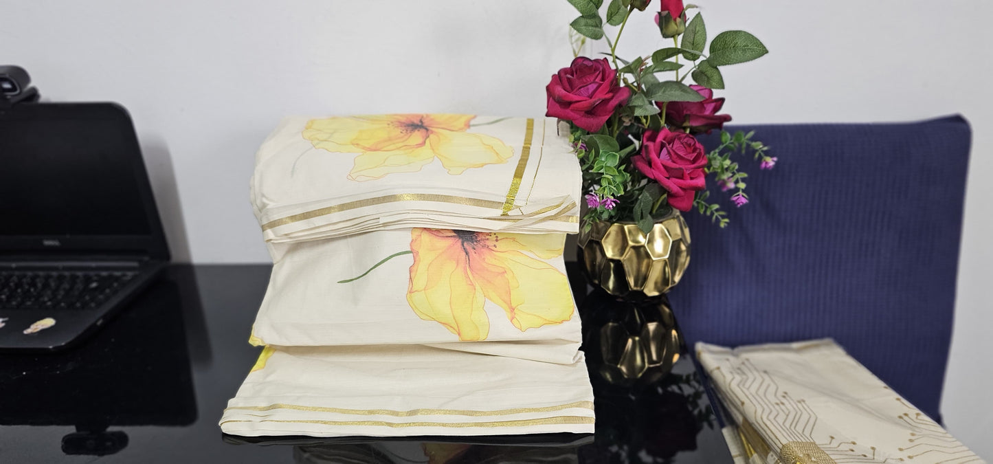 V4426. Kerala Saree with Sunflower.