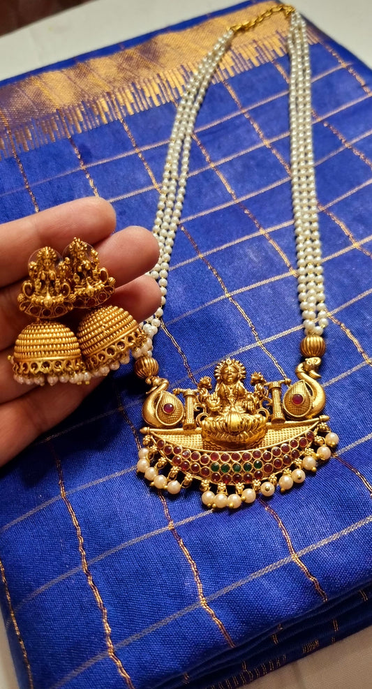 AC6SET. Antique Lakshmi Long Haram with Matching Jhumkas