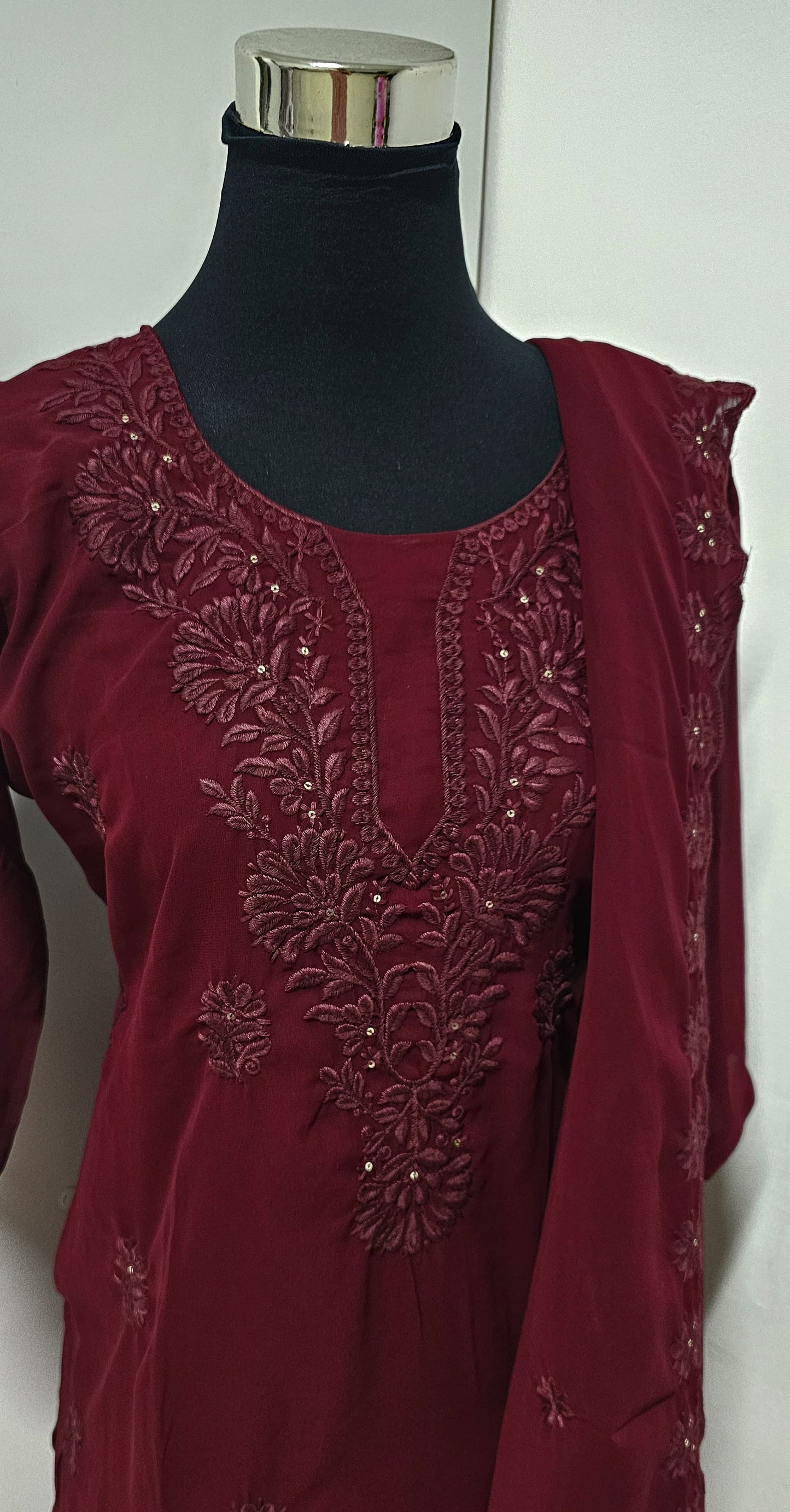 24MY25. Georgette Chikankari Slitted Top Paired with Georgette Dupatta and Shantoon Pant