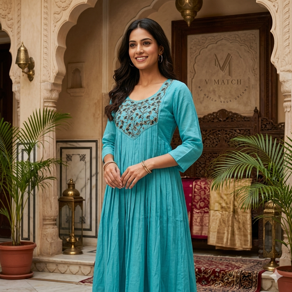 25226.Mul-Chanderi A-Line Pleated Top with Handworked Beads