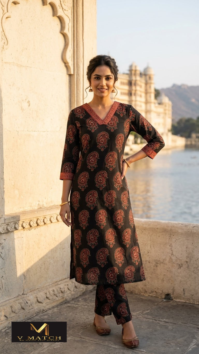 10266. Cotton Ajrakh Slitted Co ord Set.