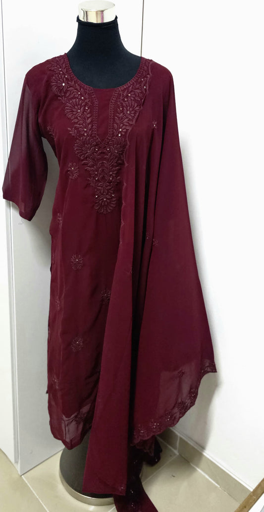 24MY25. Georgette Chikankari Slitted Top Paired with Georgette Dupatta and Shantoon Pant