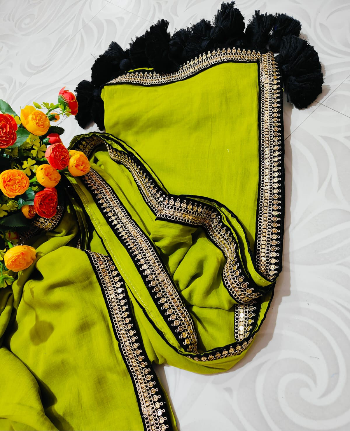 12NOV25. 
120 Count Mul Cotton Multi Tilak lace border
All over border work 
Without bp