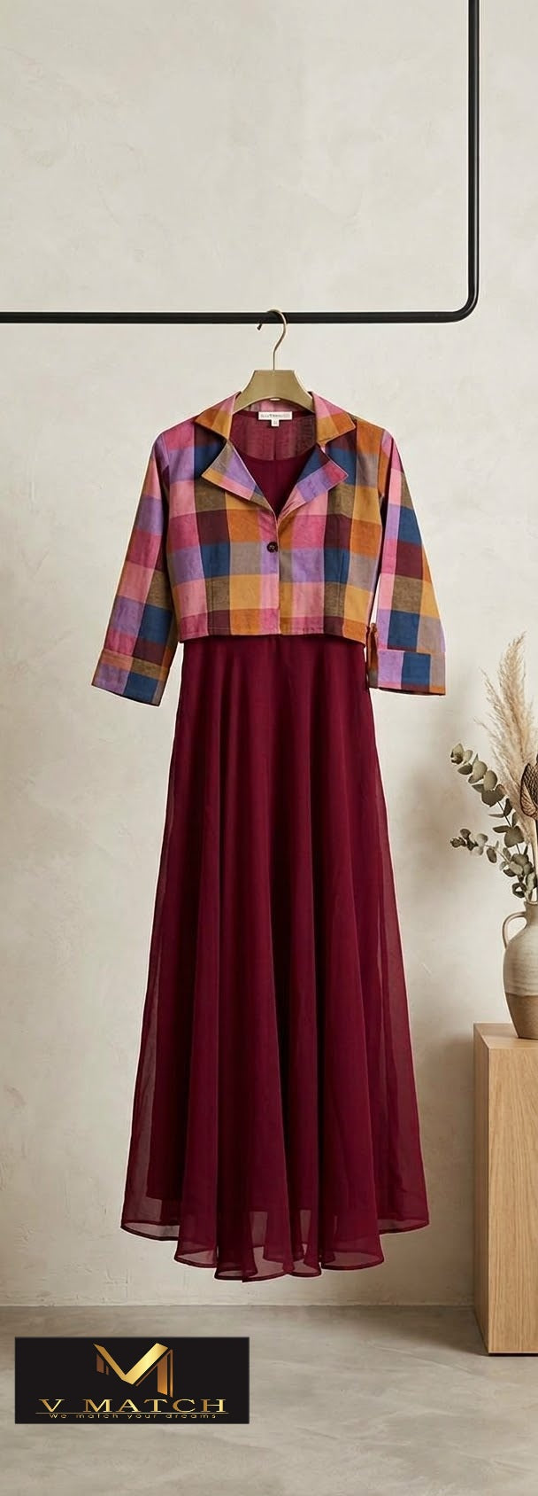 10268. Georgette A-line Full Length Top with Madras checks Jacket