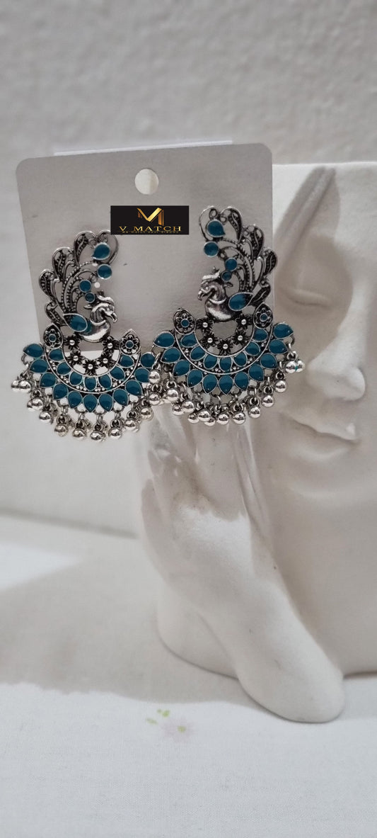 AC 8ER25. Silver Plated Peacock Designed Enamel Artwork With Beads Fashion Antique Earring.