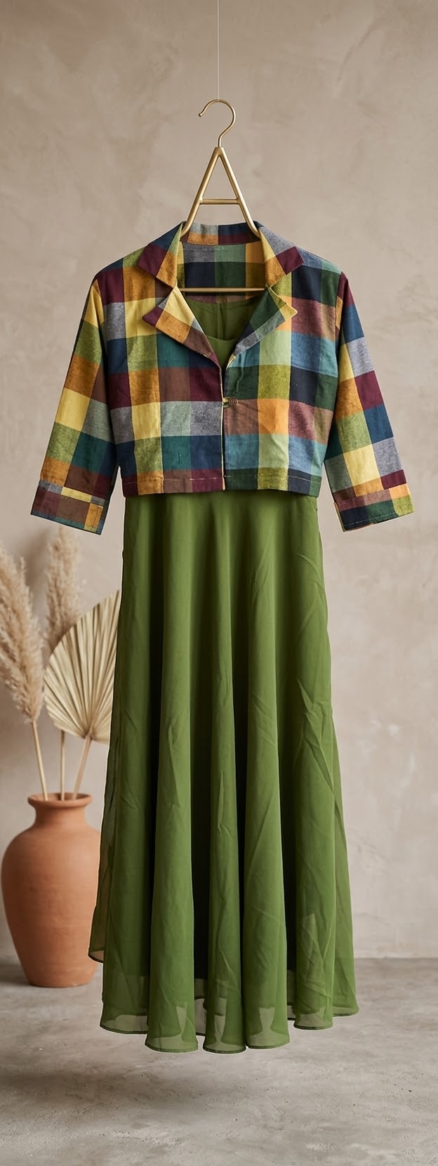 10267. Georgette Full Length Top with Madras checks Jacket.