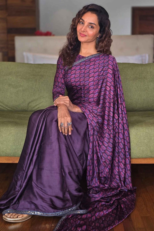 7SEP25.Floral Printed Purple Crepe Silk Saree with Delicate Sequins Border
